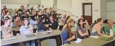 Cartoonified image of students sitting in a lecture hall.